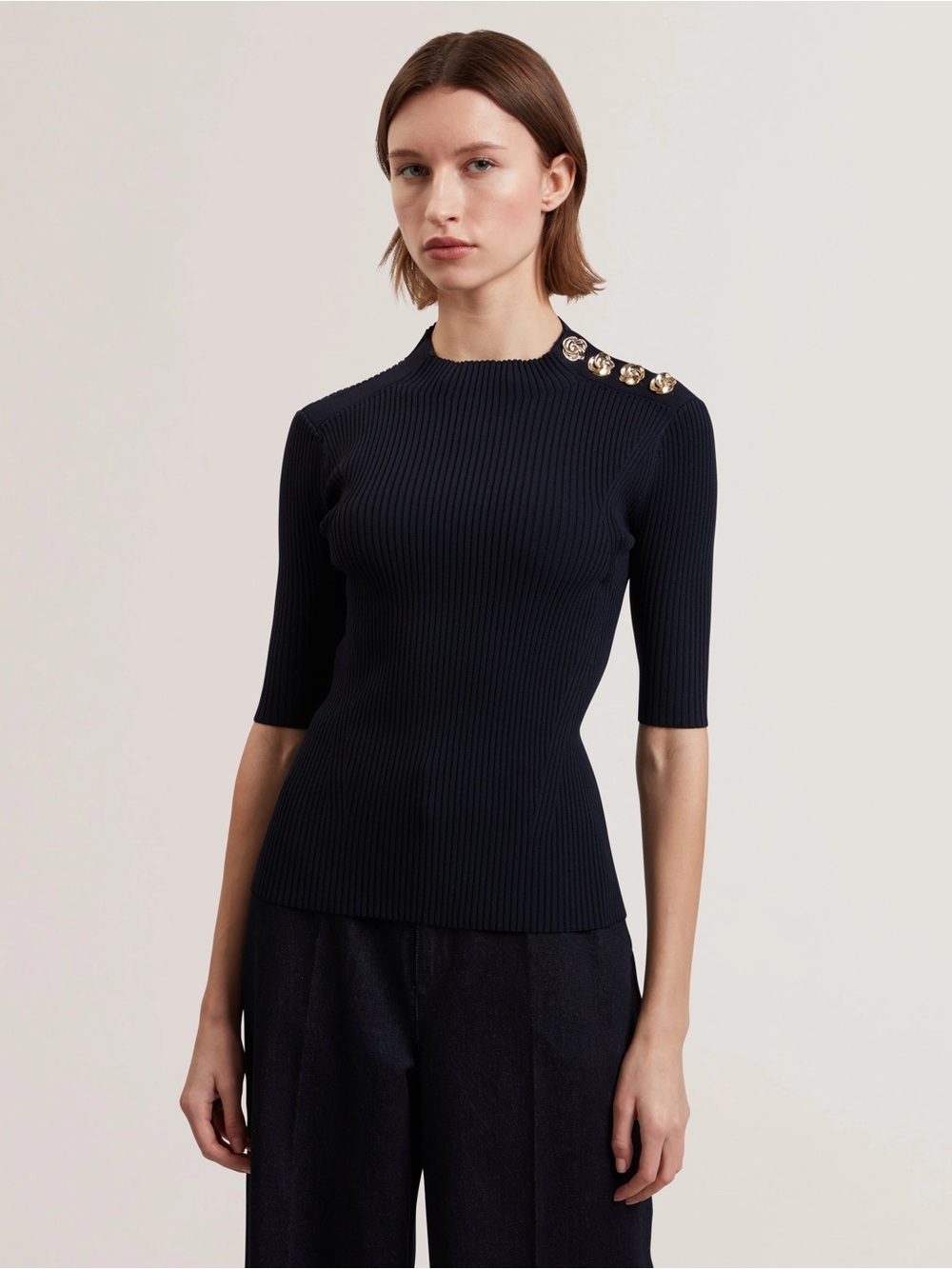 TED BAKER EELIIA TOP -Rose Button Detail Fitted Knit Top. Brand New with Tags.